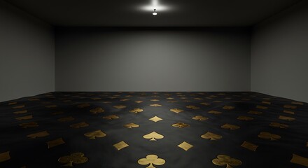 Empty room with A black leather wavy surface embossed with an array of gold casino card heart, diamond, spade, and club