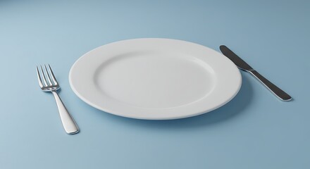 Elegant White Plate with Silverware on Light Blue Background