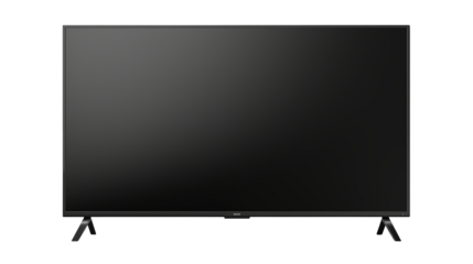 Modern flat screen television with stand displayed on a white or transparent png.