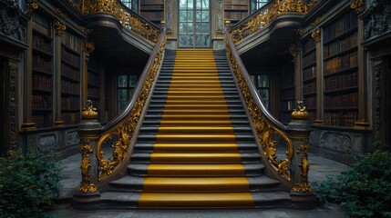 Grand Staircase in an Antique Library: A Majestic Architectural Marvel