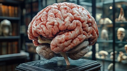 A Detailed Anatomical Model of a Human Brain, displayed on a dark stand, within a dimly lit museum showcasing various anatomical specimens.