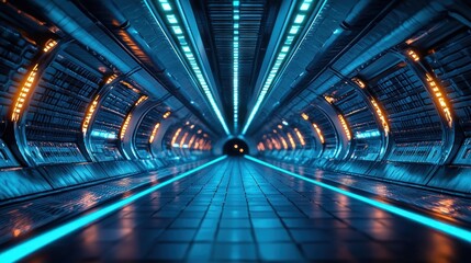 Futuristic Spaceship Corridor: Neon Lights and Advanced Technology