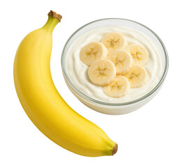 Fresh Ripe Banana with Bowl of Creamy Yogurt Topped with Sliced Bananas, Healthy Breakfast Concept, Isolated on Transparent and White Background