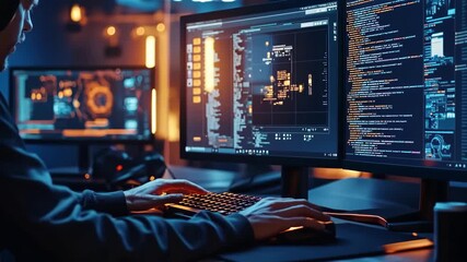 One person coding, typing on keyboard with dual monitors displaying code. Software development, technology, computer programming, work concept.