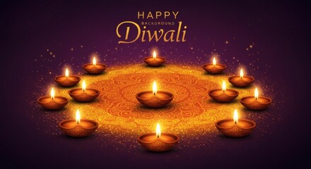Beautiful Diwali Illustration with Glowing Diyas on Colorful Rangoli – Top-Down Festive Composition with Golden Bokeh Lights and Warm Celebration Atmosphere

