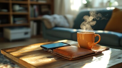 Warm morning coffee in cozy living room
