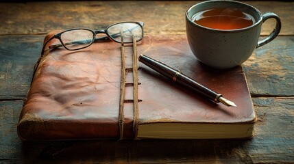 Leather-bound journal, tea, and glasses.  A moment of quiet contemplation