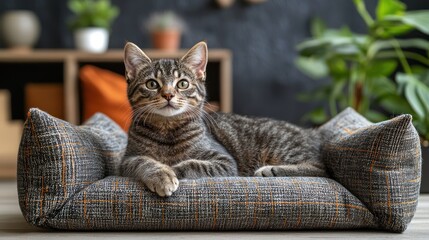 Adorable Tabby Kitten Relaxing in Cozy Grey Pet Bed
