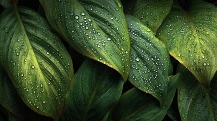 Fototapeta premium Closeup of Lush Dark Green Leaves with Water Droplets