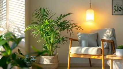 A cozy reading nook with an armchair, indoor plants, soft lighting, and warm natural sunlight - Powered by Adobe
