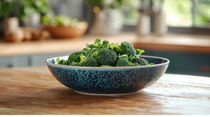 Fresh broccoli florets in a dark blue bowl