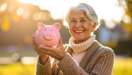 Happy Senior Woman Holding Piggy Bank.
