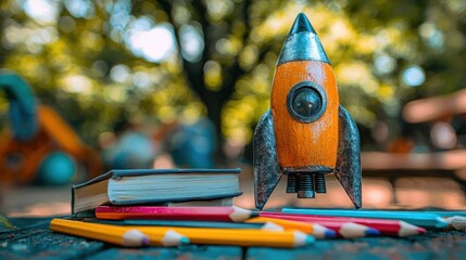 Wooden Rocket Toy near Books and Colored Pencils in a Park