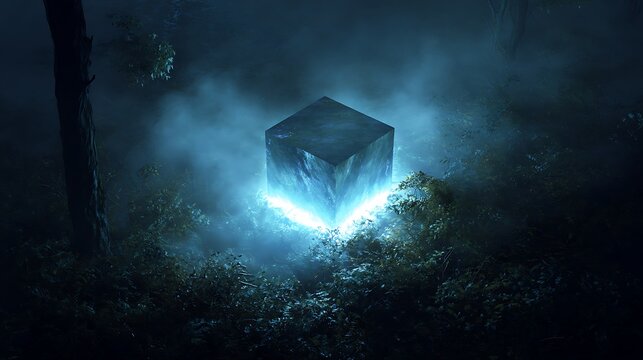 Glowing Cube in Misty Forest Mystical Blue Light Emanating from a Mysterious Block