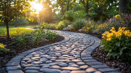 Serene Garden Path: A Winding Stone Walkway at Sunset