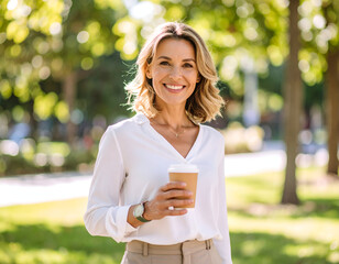 Happy woman park coffee break.