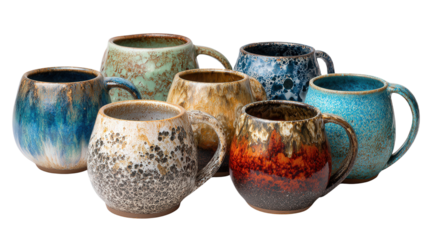 Handcrafted Pottery Mugs: A flat lay of handcrafted pottery mugs with unique glazes, isolated on a Transparent background, PNG file.
