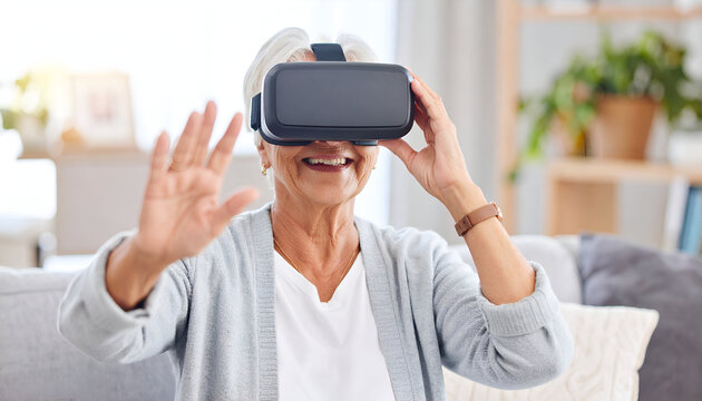 Senior woman using VR headset at home. (1)