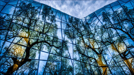 Facade Reflection on Green Glass Windows of Modern Tower