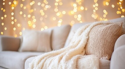 Cozy living room scene with warm lighting and soft throws