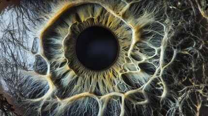 Close-up view of a human eye with intricate, web-like iris details
