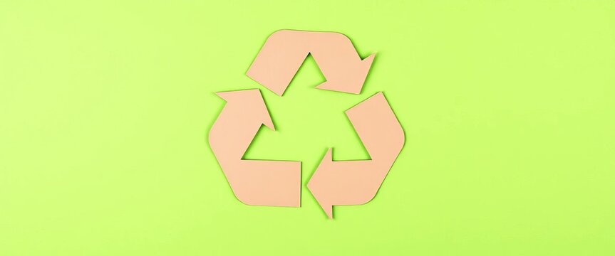 Kraft paper recycling symbol cutout on green background  Top view, copy space,  overhead,   go green - Powered by Adobe