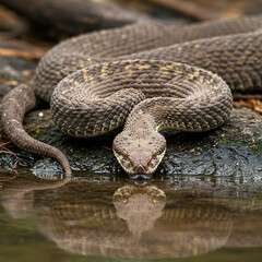 Obraz premium Venomous Snake Hydration: A Photorealistic Masterpiece of Survival in the Forest.