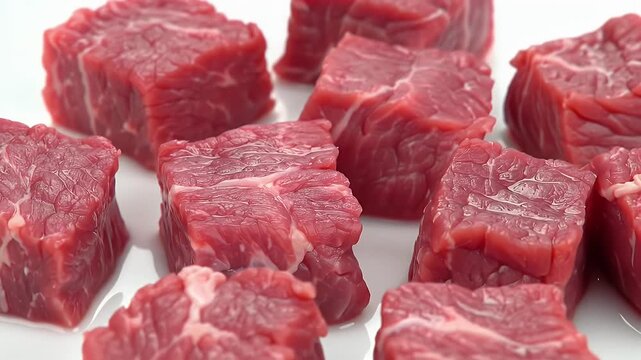 Heap of Fresh Raw Red Beef Cubes Ready for Cooking on a White Surface