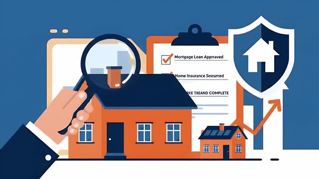 Home Inspection Under Magnifying Glass with Paperwork and Shield Illustration