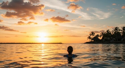 Woman Silhouetted in Golden Sunset Over Tropical Ocean
