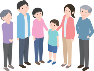 Obraz premium 笑顔でこちらを見上げている3世帯家族の俯瞰イラスト