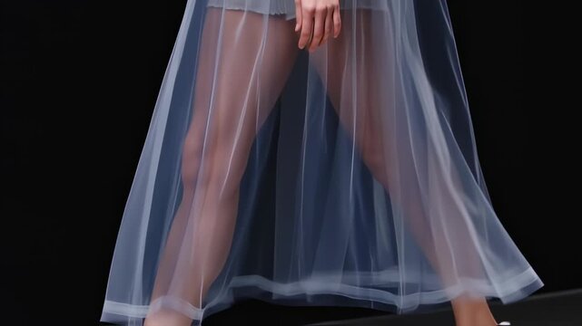 Sheer light-blue tulle skirt on legs