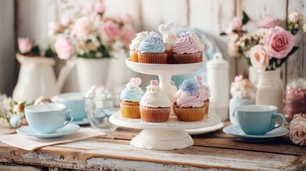 Pastel cupcakes on a tiered stand with flowers and teacups.