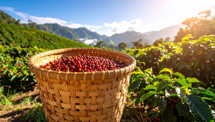 Coffee Cherries Harvested in Large Basket, Scenic Plantation View in Background, Natural