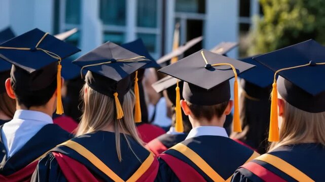 Group of graduating students in graduation gowns and mortarboards. Education success, graduation ceremony.