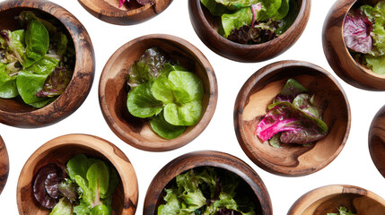 Handcrafted Wooden Bowls with Salad: A flat lay of handcrafted wooden bowls filled with fresh salad, isolated on a Transparent background, PNG file.