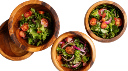 Handcrafted Wooden Bowls with Salad: A flat lay of handcrafted wooden bowls filled with fresh salad, isolated on a Transparent background, PNG file.