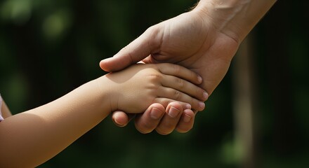 A close up shot of an adult hand holding a child's hand against a blurred green background outdoors