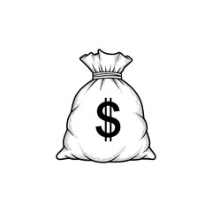 A monochrome illustration of a money bag with a dollar sign on it against a white background