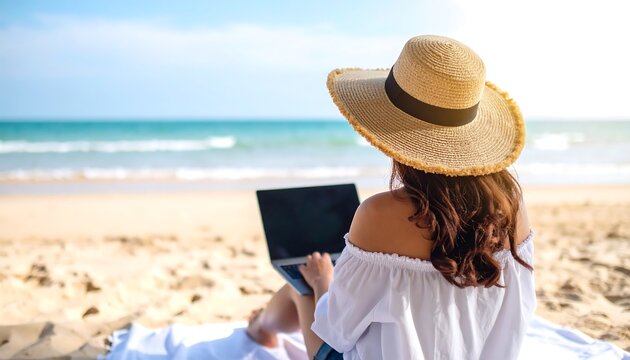 Woman working on laptop on beach