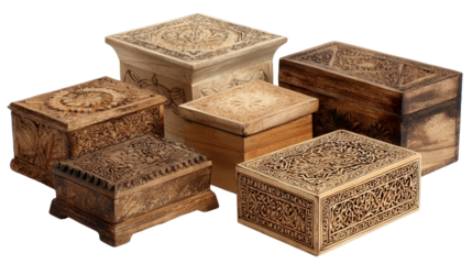 Handcrafted Wooden Boxes: A flat lay of handcrafted wooden boxes with intricate carvings, isolated on a Transparent background, PNG file.
