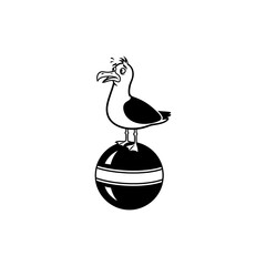Cartoon seagull perched atop a striped ball in a black and white illustration with a worried expression