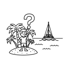 A stranded boy on a small island with palm trees and a question mark looking at a distant sailboat