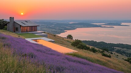 Sunset Serenity: Lakeside House with Lavender Fields