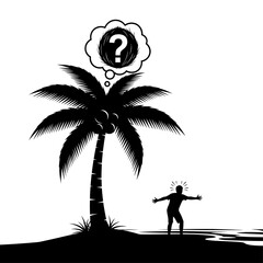 A person under a palm tree thinking about a coconut with a question mark in a thought bubble