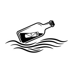 A bottle with a message inside floating on the water with a question mark on the paper inside it clearly