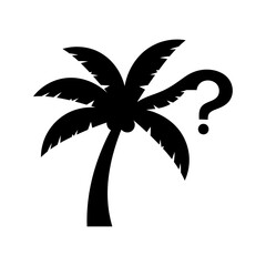 A black silhouette of a palm tree with a question mark floating next to its leaves on white