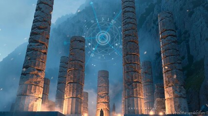 surreal scene of the Temple of Apollo in Delphi at golden dusk, mist surrounding ancient Greek columns, glowing Enneagram symbol made of light floating above the temple, energy lines connecting the
