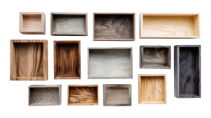 Handcrafted Wooden Boxes for Storage: A flat lay of handcrafted wooden boxes for storage, isolated on a Transparent background, PNG file.