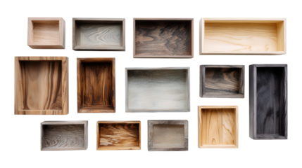 Handcrafted Wooden Boxes for Storage: A flat lay of handcrafted wooden boxes for storage, isolated on a Transparent background, PNG file.